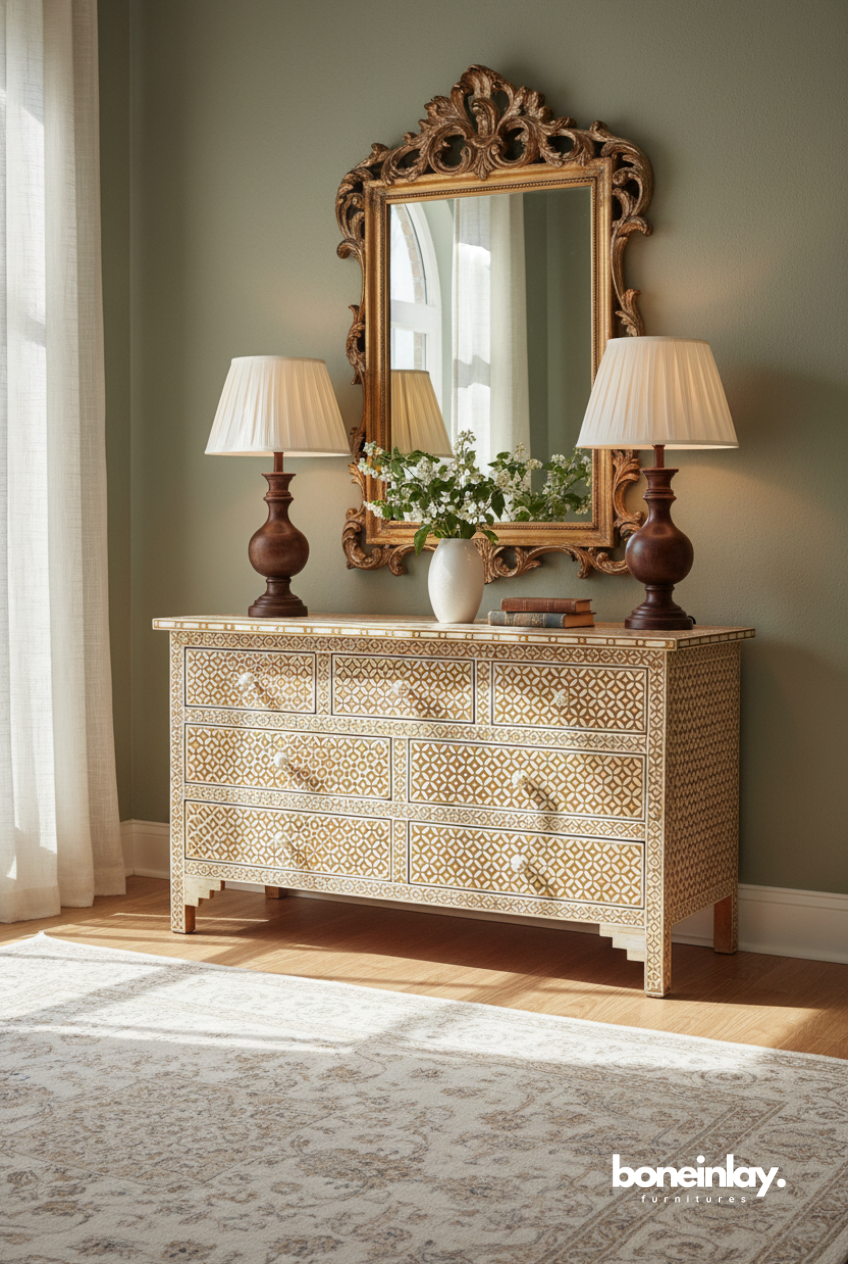 Natural Wood Bone Inlay Chest of Drawers Inspired by Timeless Design