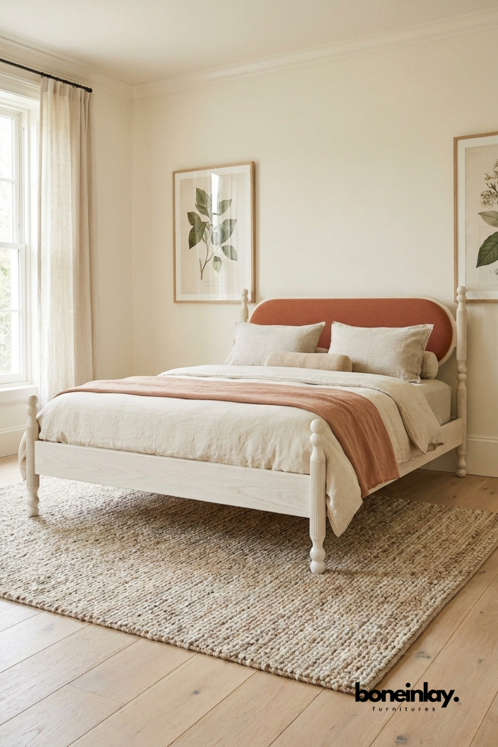 White Wood Bed Frame with Coral Upholstered Arch Headboard