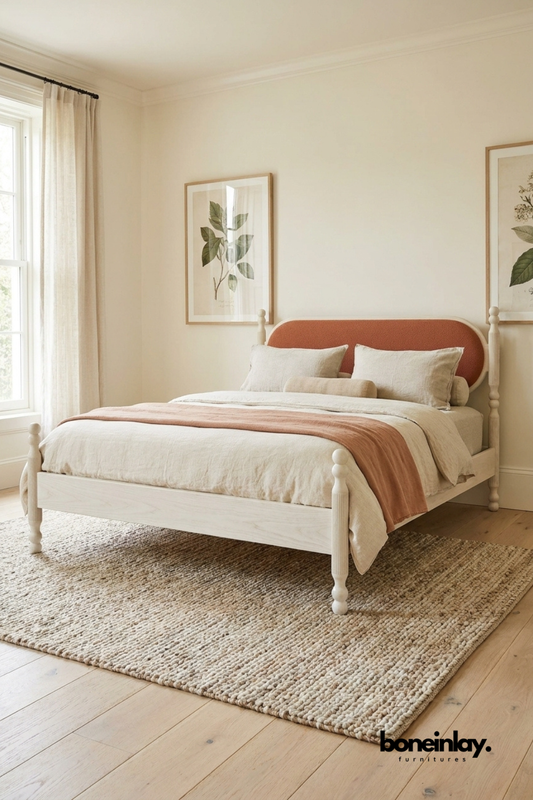 White Wood Bed Frame with Coral Upholstered Arch Headboard