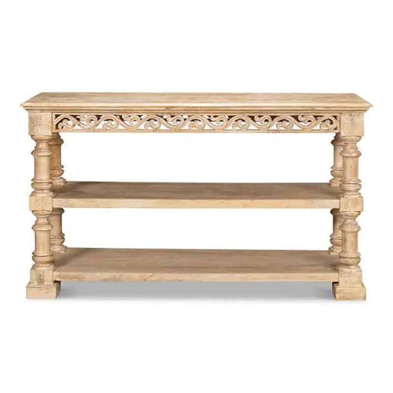 Three-tier sofa table in light natural wood with open shelves, straight-on front view against a white studio background.
