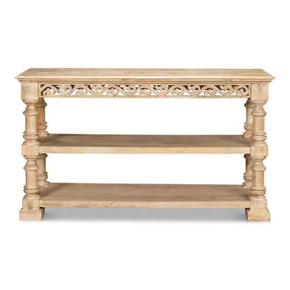 Three-tier sofa table in light natural wood with open shelves, straight-on front view against a white studio background.