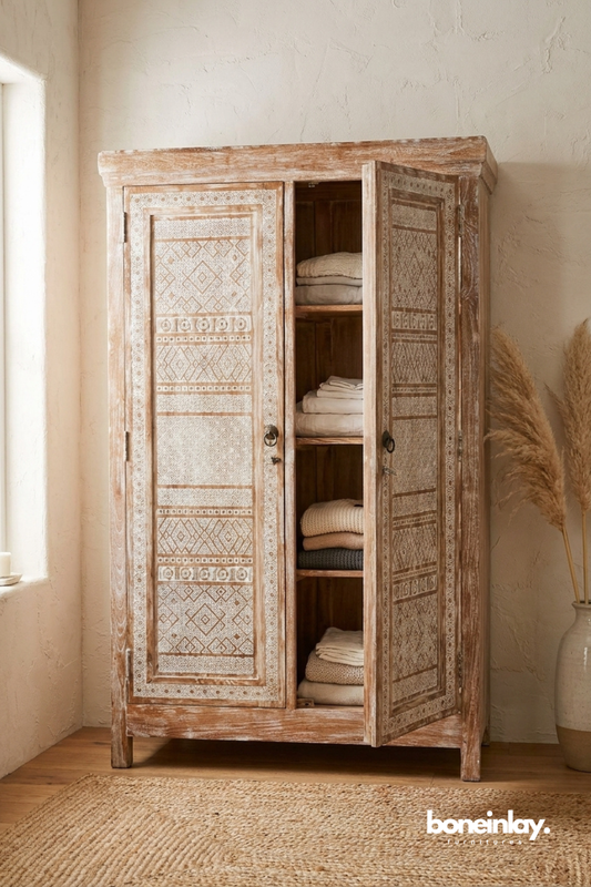 Bohemian Whitewashed Wooden Armoire with Intricate Tribal Pattern Doors