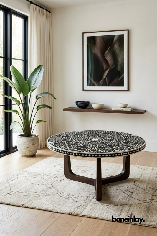 Round black and white bone inlay coffee table featuring an intricate floral vine pattern with a mosaic tile border edge. Sculptural walnut wood base with curved legs adds warmth and structural support. Styled with a potted bird of paradise plant beneath a floating wood shelf with ceramic bowls. A striking round coffee table for modern and eclectic living spaces.