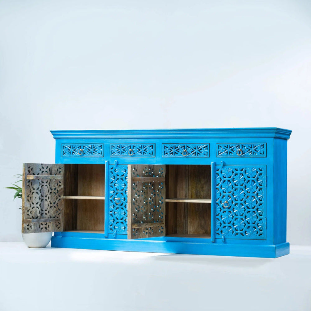 Traditional Carved Storage Cabinet in blue wood, front view angled with two doors open to reveal interior shelves.