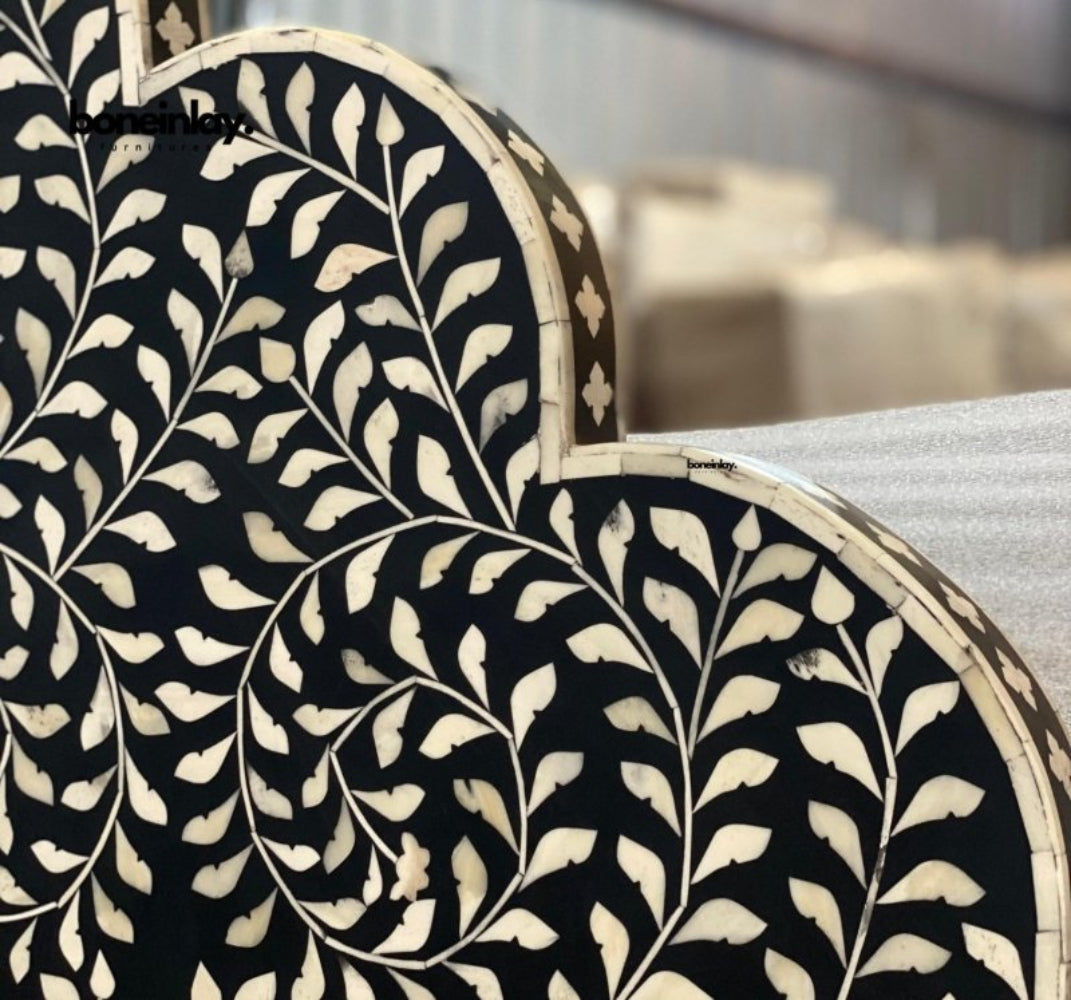 Detailed view of scalloped arch sections on Black Bone Inlay Headboard with dense white leaf inlay pattern on black base – Traditional Indian Handmade Bed Frame