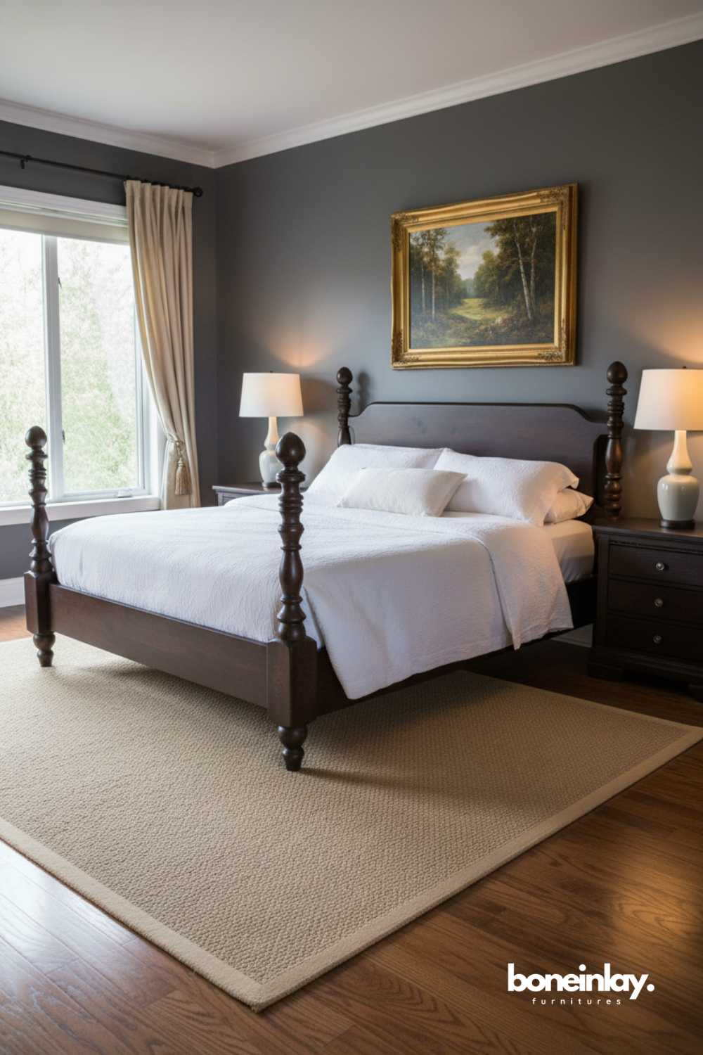 Classic four-poster bed crafted from rich dark wood with sophisticated traditional detailing.