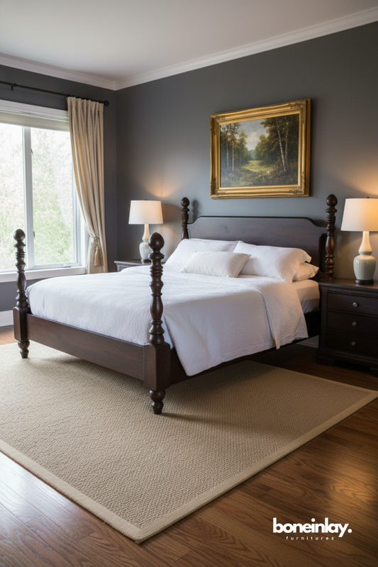 Classic four-poster bed crafted from rich dark wood with sophisticated traditional detailing.