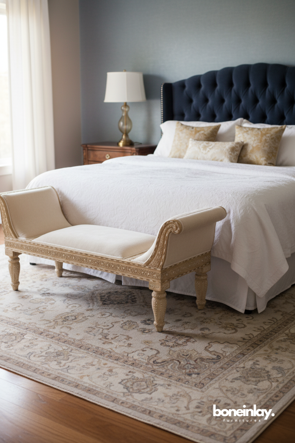 Carved upholstered bedroom bench placed at the foot of a bed in an elegant bedroom.
