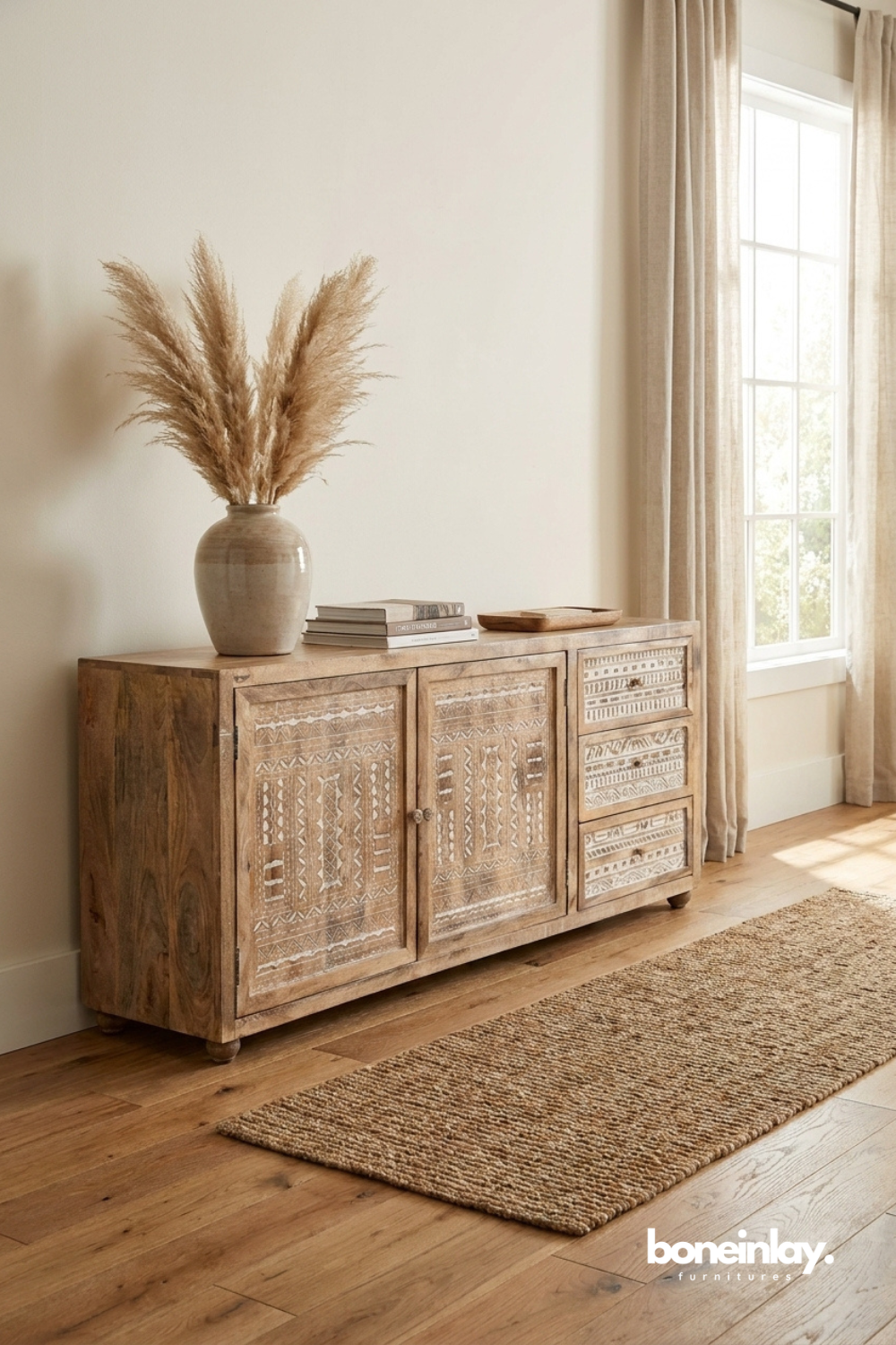 Rustic handcrafted sideboard featuring tribal-inspired carved detailing and warm natural wood tones.