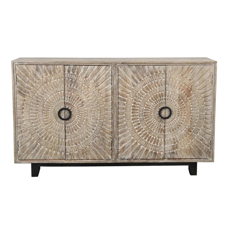 Two door wood buffet with medallion carvings, dark ring pulls and a pale washed finish, front view on white.