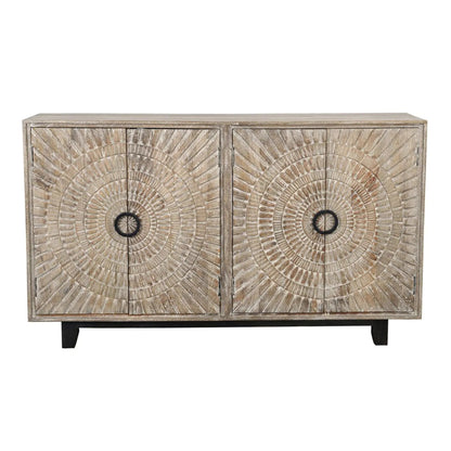 Two door wood buffet with medallion carvings, dark ring pulls and a pale washed finish, front view on white.