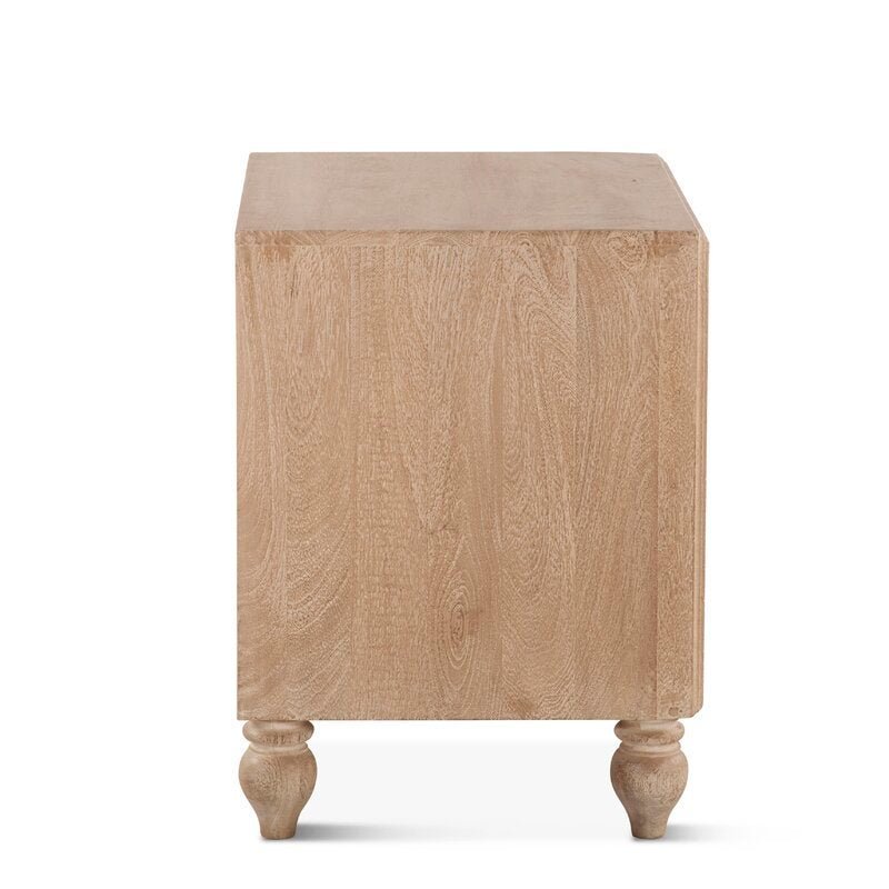 Natural Wood Bedside Table with two carved drawers, floral detailing, rounded bun feet, and a light finish