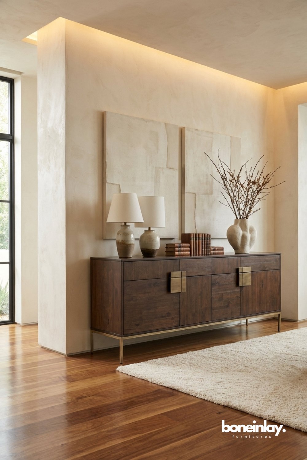 Modern walnut sideboard with brass hardware, clean lines and four door storage design.