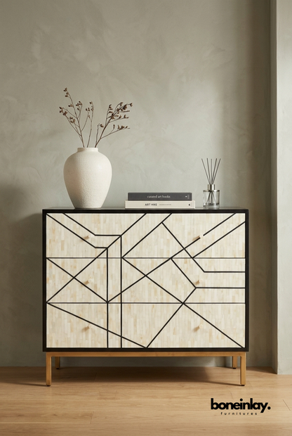 Modern Geometric Bone Inlay Chest of Drawers with Brass Base and Abstract Line Design