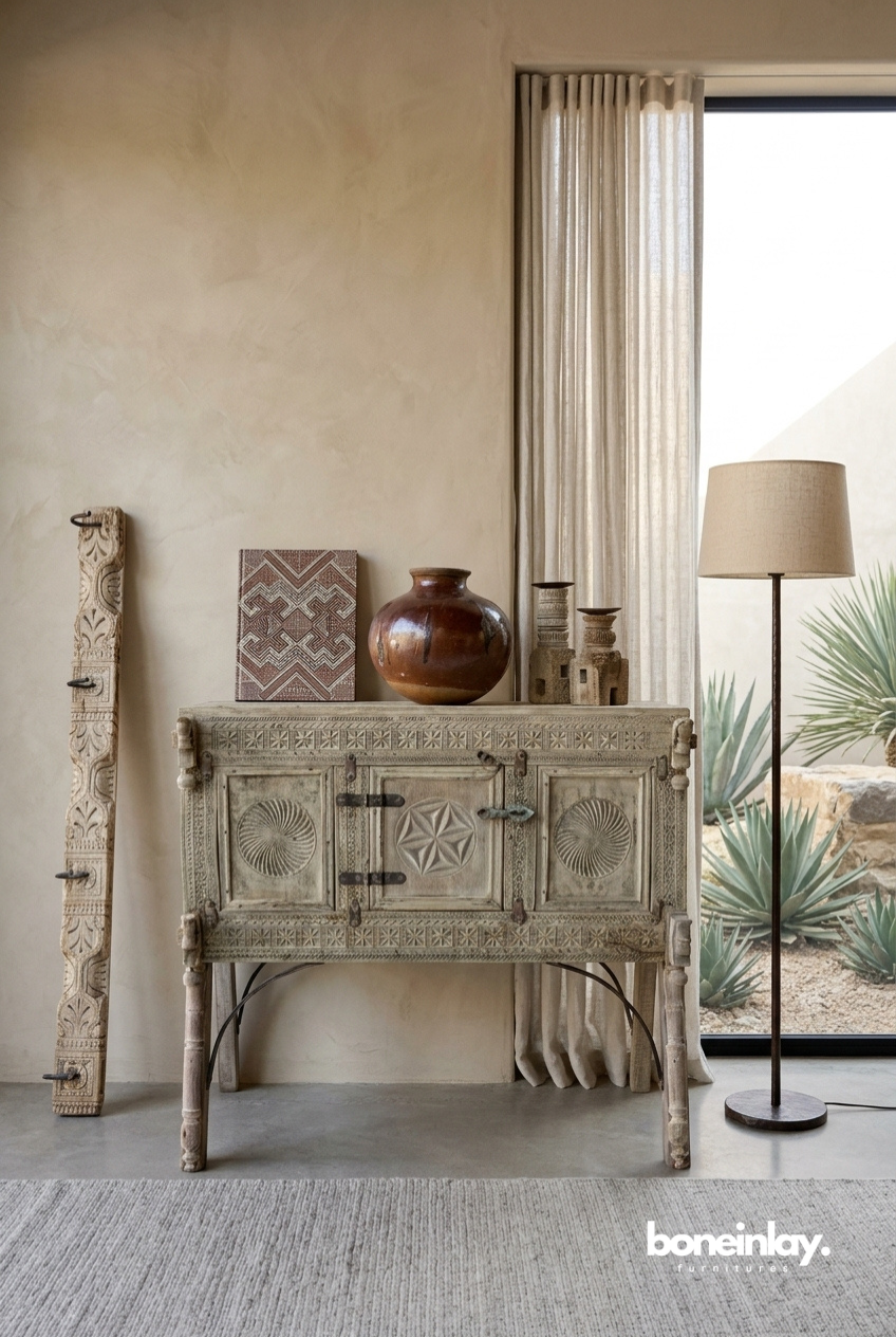 Vintage Hand Carved Wooden Accent Cabinet with Tribal Iron Hardware Detailing