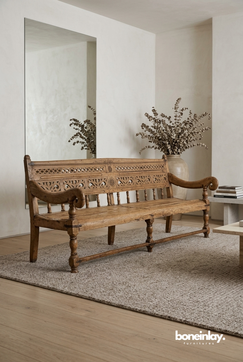 Vintage Hand Carved Wooden Bench
