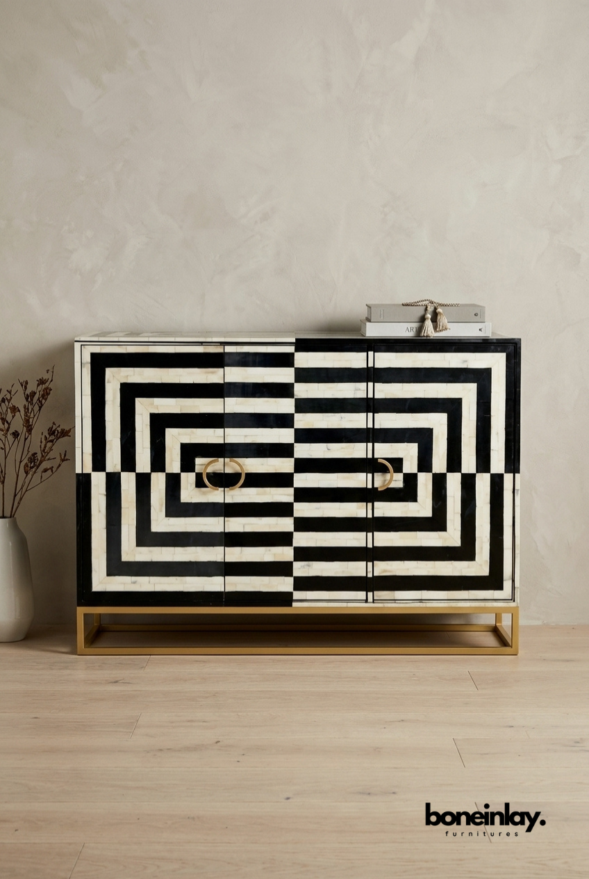 Handmade Optical Illusion Bone Inlay Sideboard Cabinet