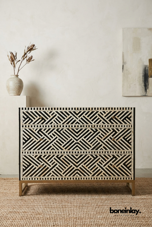 Handmade Bone inlay Optical Design Black Chest of Three Drawers Dresser