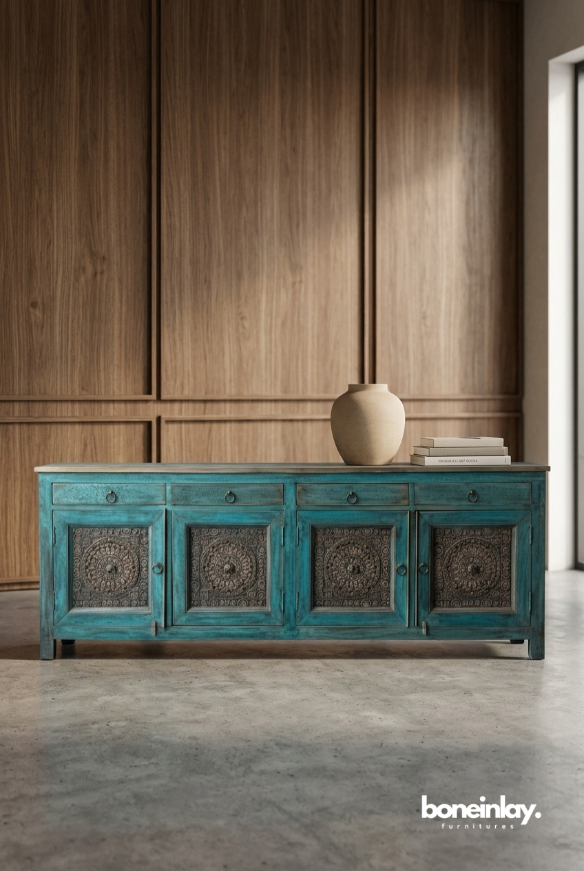 Rustic Hand Carved Wooden Cabinet with Traditional Grid Panel Detailing