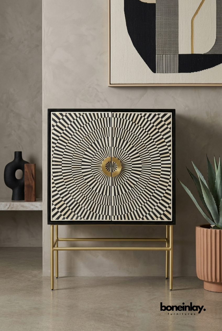 Black and White Optical Illusion Bone Inlay Bar Cabinet with Brass Stand