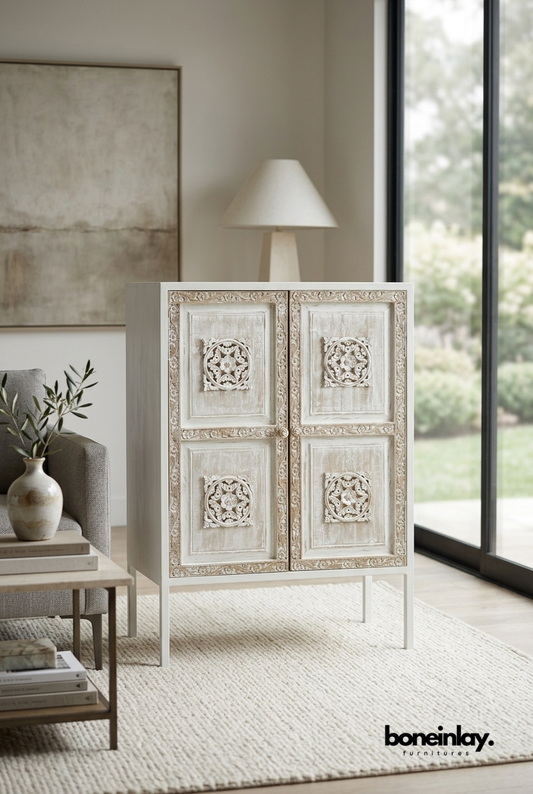 Whitewashed Hand Carved Wooden Accent Cabinet with Floral Medallion Panel Doors