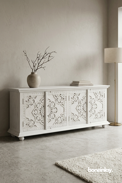 White Hand Carved Floral Wooden Sideboard Cabinet in Elegant Minimalist Living Room Interior