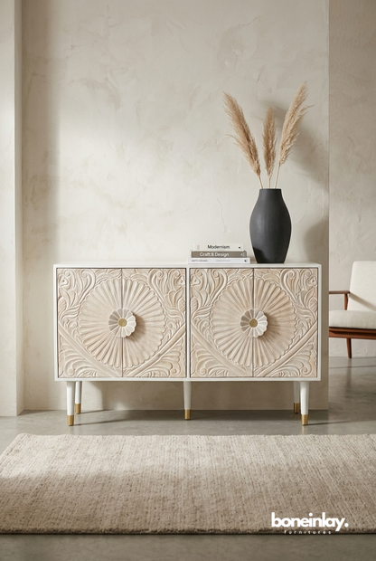 Hand Carved Floral Wooden Cabinet with White Finish in Elegant Contemporary Home Interior