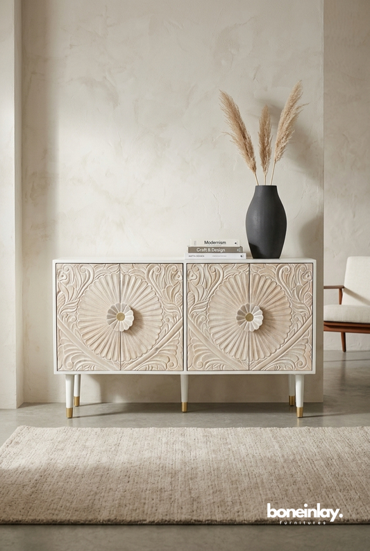 Hand Carved Floral Wooden Cabinet with White Finish in Elegant Contemporary Home Interior