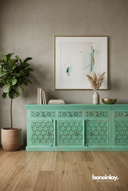 Mint Green Hand Carved Wooden Sideboard Cabinet in Modern Rustic Living Room Interior
