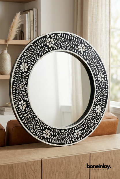 Round Black and White Bone Inlay Mirror with Floral Vine Pattern in Modern Neutral Home Interior