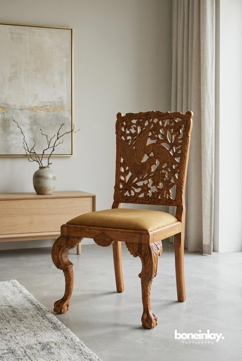 Hand Carved Wooden Dining Chair with Bird and Floral Motif in Elegant Neutral Interior