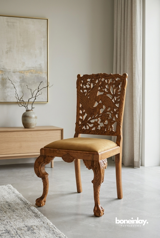 Hand Carved Wooden Dining Chair with Bird and Floral Motif in Elegant Neutral Interior