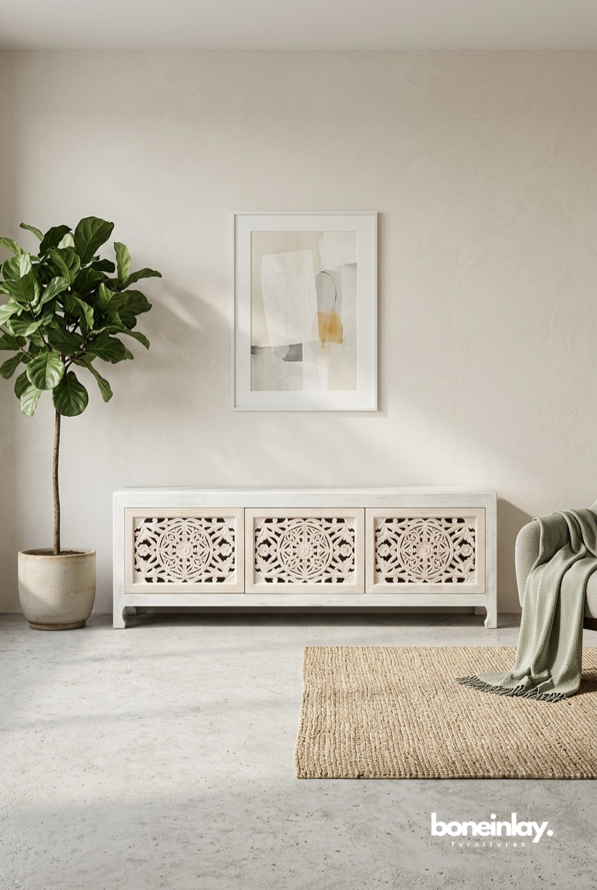 White Hand Carved Wooden TV Console with Mandala Pattern Doors in Minimal Modern Living Room