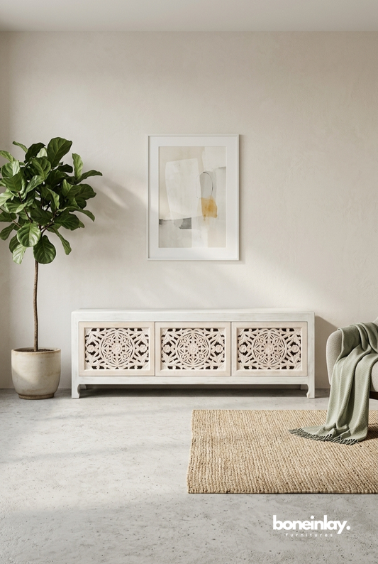 White Hand Carved Wooden TV Console with Mandala Pattern Doors in Minimal Modern Living Room