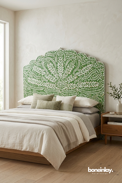 Green Hand Painted Peacock Headboard  in Elegant Contemporary Bedroom Interior