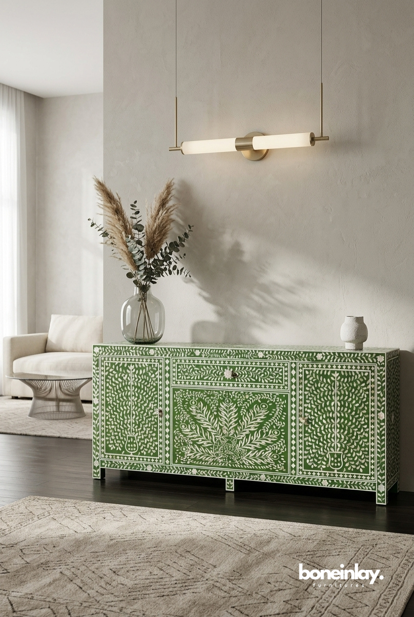 Green Hand Painted Peacock Pattern Sideboard Cabinet in Modern Luxury Living Room