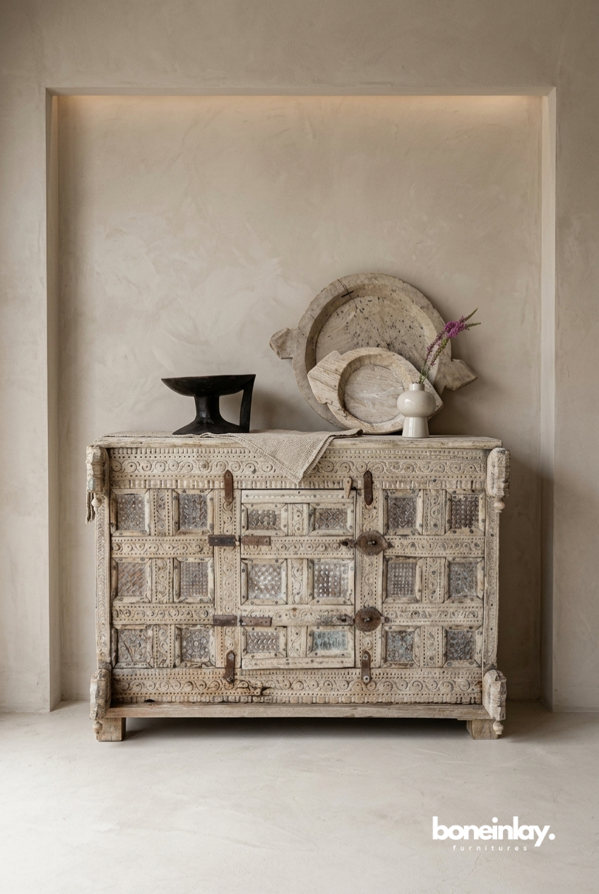 Antique White Hand Carved Wooden Storage Chest with Rustic Patchwork Detailing