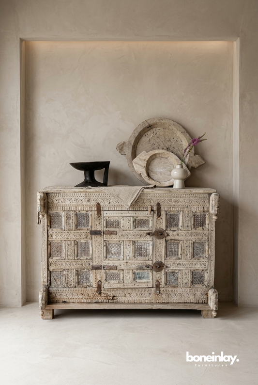 Antique White Hand Carved Wooden Storage Chest with Rustic Patchwork Detailing