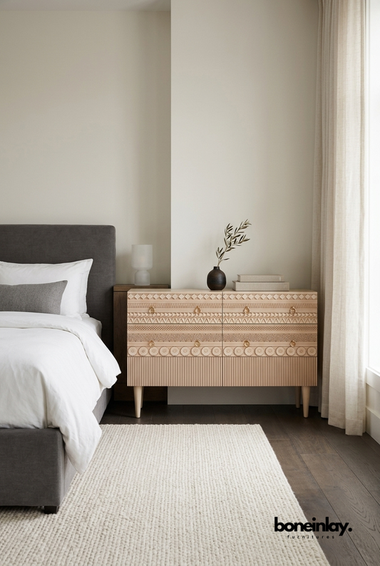 Hand Carved Wooden 6 Drawer Dresser for Modern Boho Bedroom Storage Furniture
