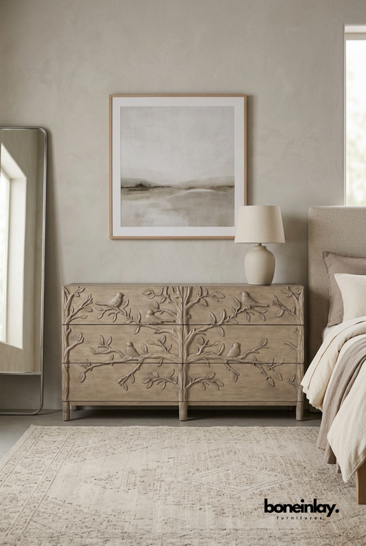 Hand Carved Wooden 6 Drawer Dresser with Bird and Branch Design for Bedroom Storage