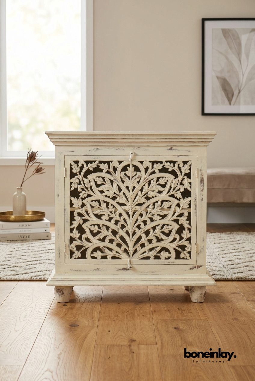 White Distressed Hand Carved Wooden Nightstand Cabinet for Bedroom Storage