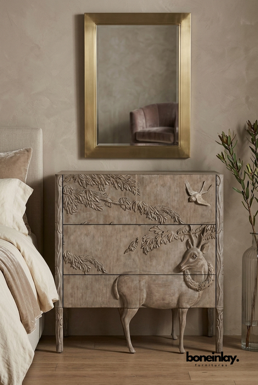 Hand Carved Deer Wooden Chest of Drawers for Rustic Bedroom Storage Furniture