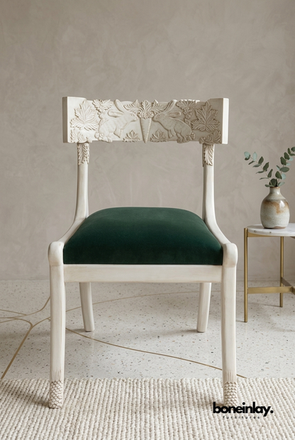Hand Carved Wooden Dining Chair with Green Velvet Seat and Rabbit Motif Design