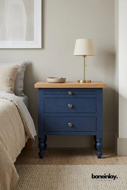 Blue Wooden Nightstand with 3 Drawers for Modern Bedroom Bedside Storage