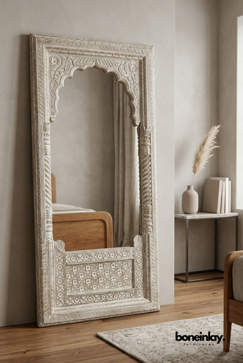 Hand Carved Wooden Floor Mirror with Vintage Arch Frame for Bedroom and Living Room Decor
