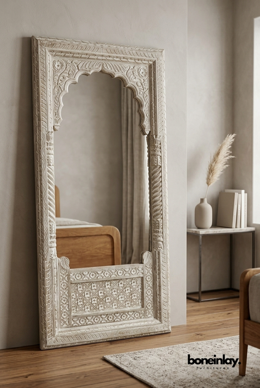 Hand Carved Wooden Floor Mirror with Vintage Arch Frame for Bedroom and Living Room Decor