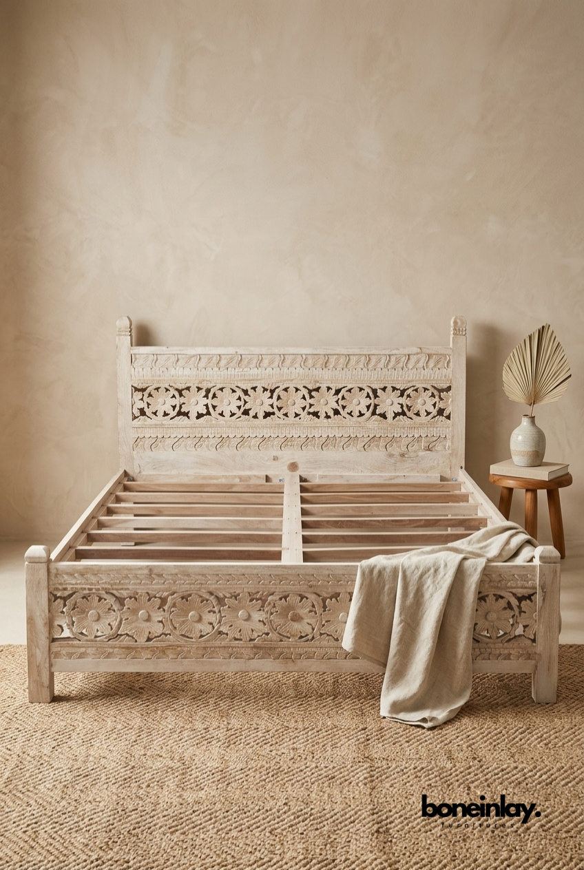 Hand Carved Wooden Bed Frame with Floral Pattern Design for Rustic Bedroom Decor