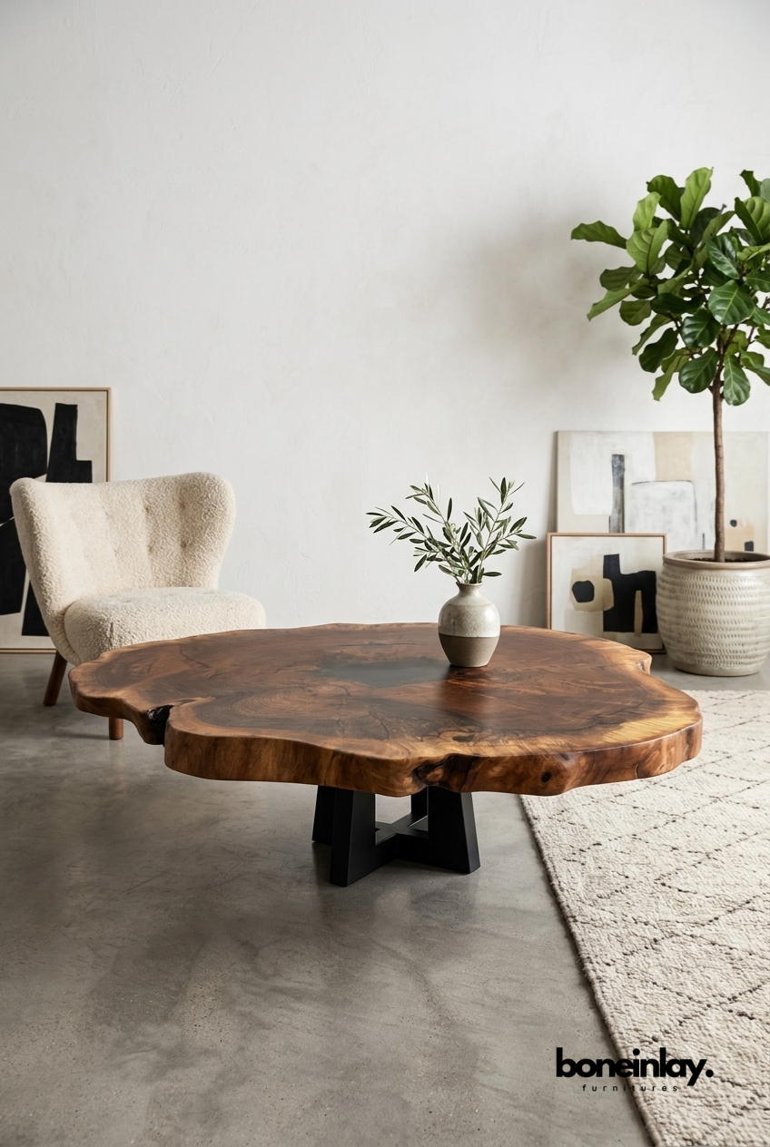 Organic Shape Solid Wood Slab Coffee Table for Modern Rustic Living Room