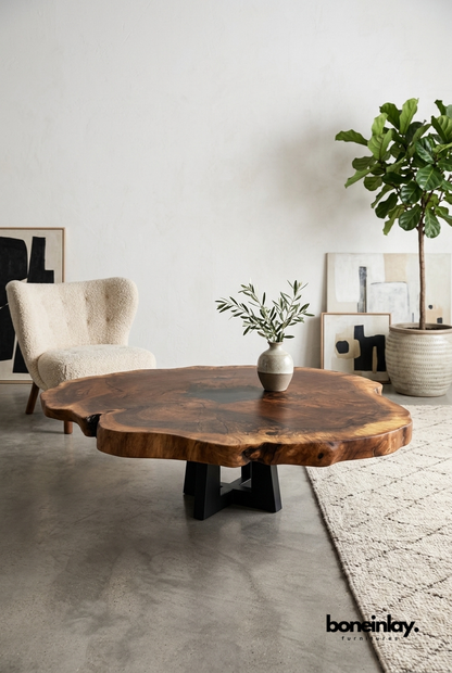 Organic Shape Solid Wood Slab Coffee Table for Modern Rustic Living Room