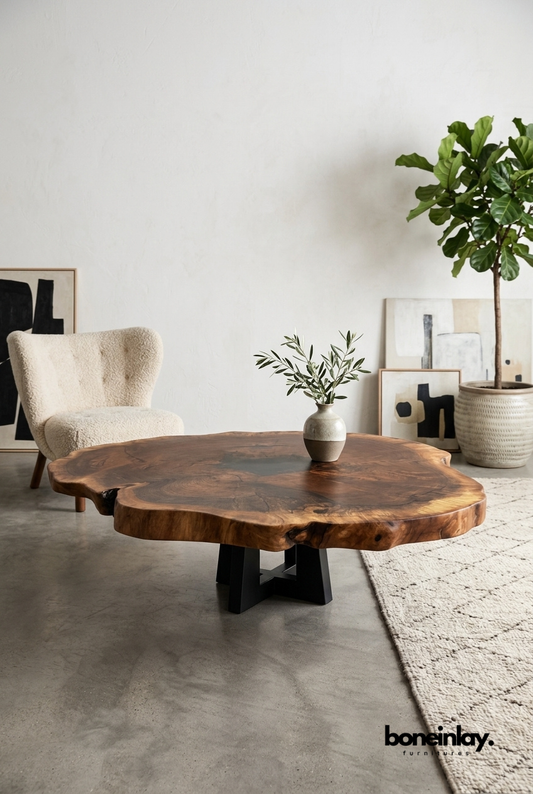 Organic Shape Solid Wood Slab Coffee Table for Modern Rustic Living Room